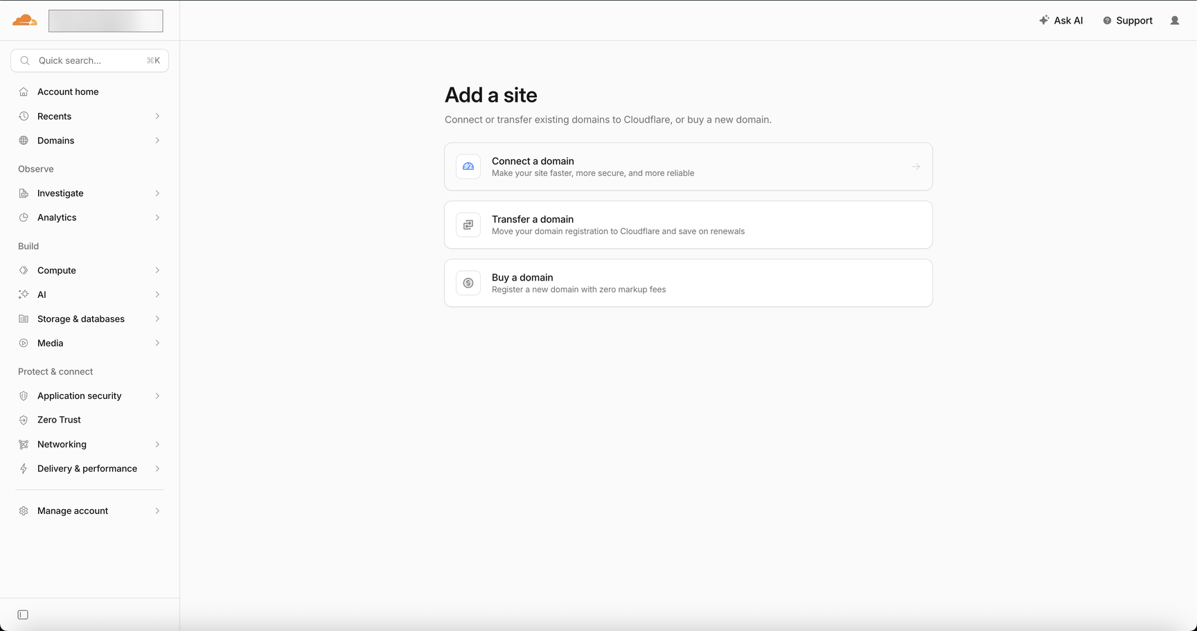 Cloudflare Add a site 화면
