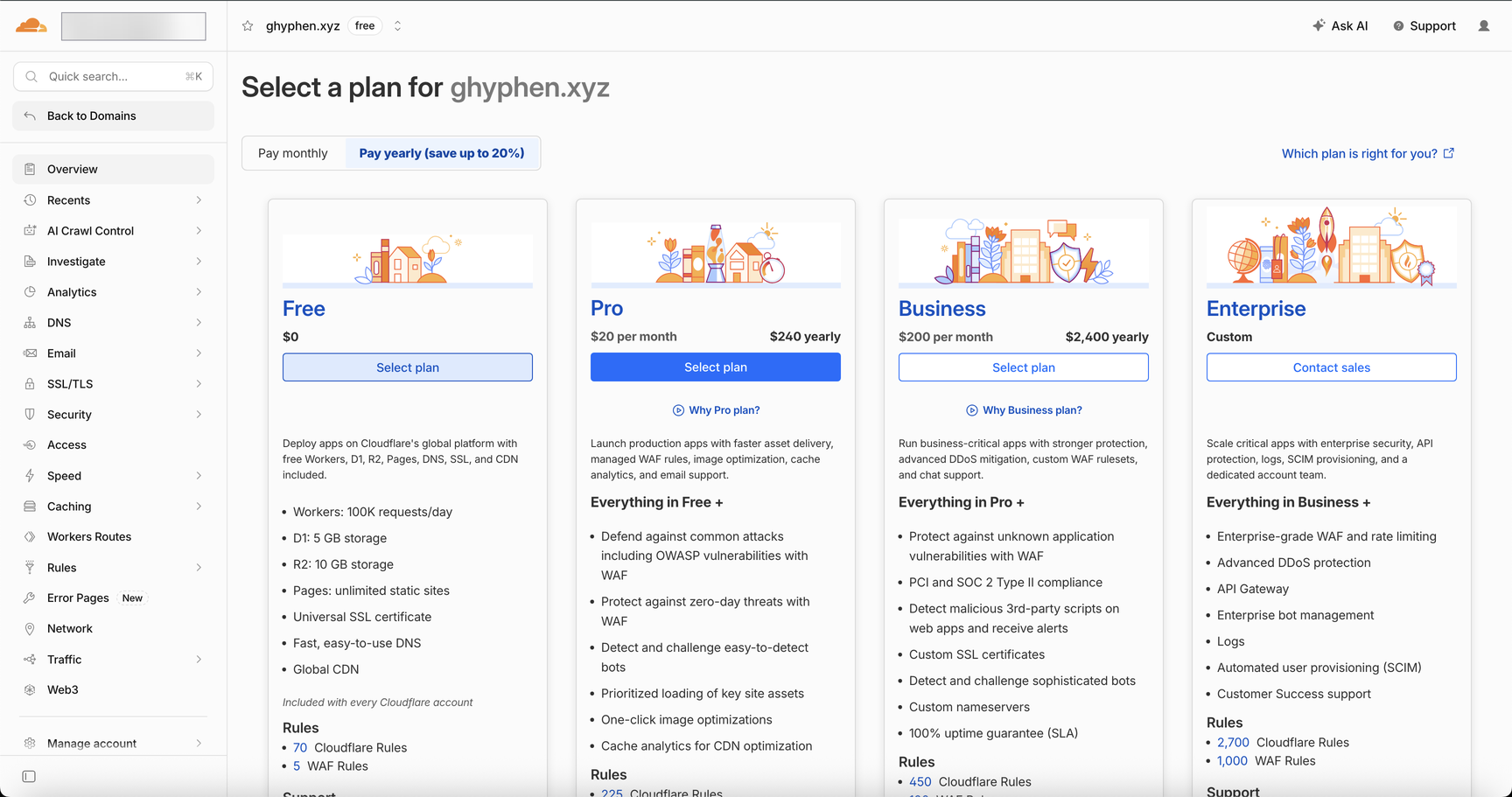Cloudflare 플랜 선택 화면
