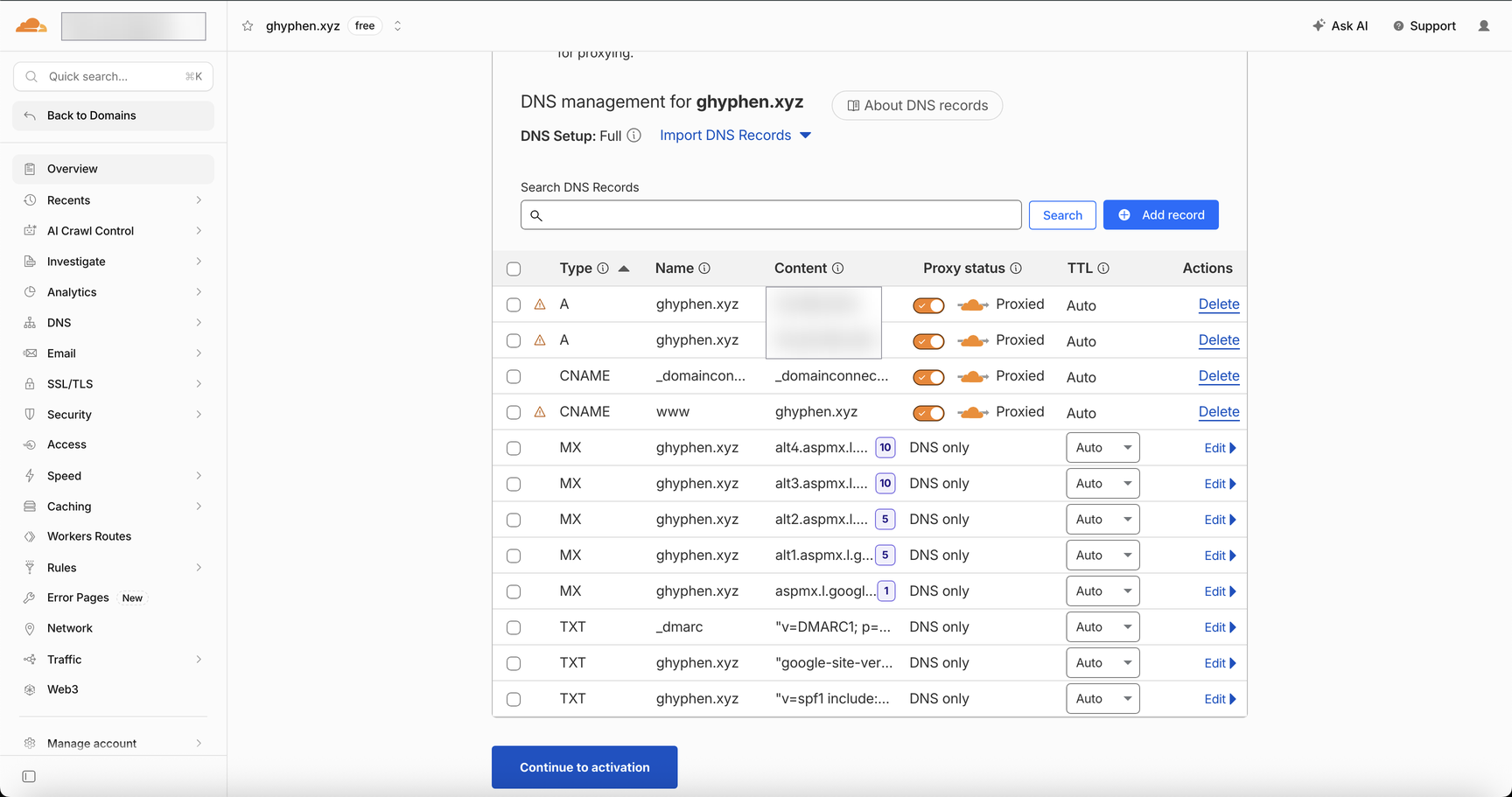 Cloudflare DNS 레코드 가져오기 화면