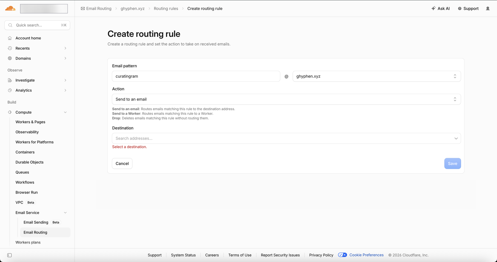 Create routing rule 화면