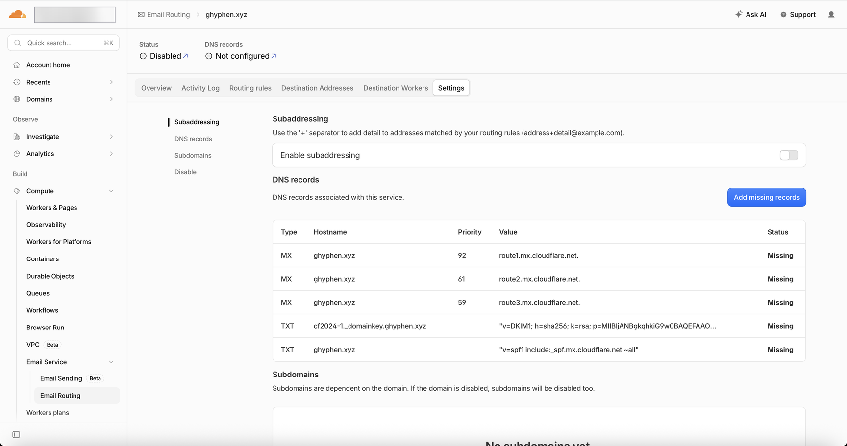 Settings 탭의 DNS records