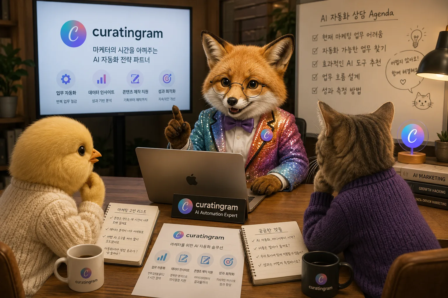 회의 테이블에서 노트북을 켜고 브리핑하는 큐라와, 마주 앉아 듣고 있는 병아리와 고양이